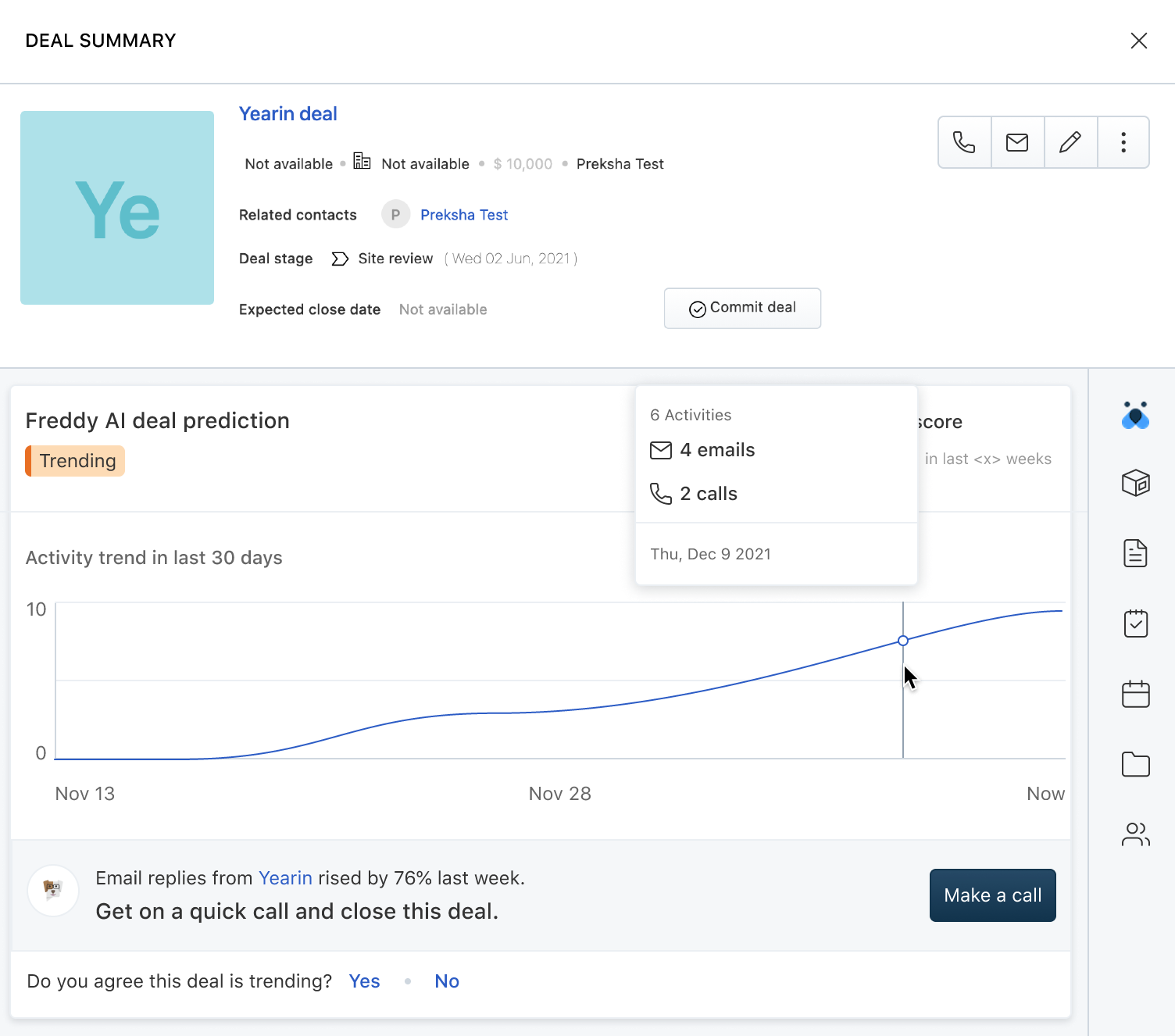 Freshsales Freddy AI lets you view your deals and group them by deal predictions.