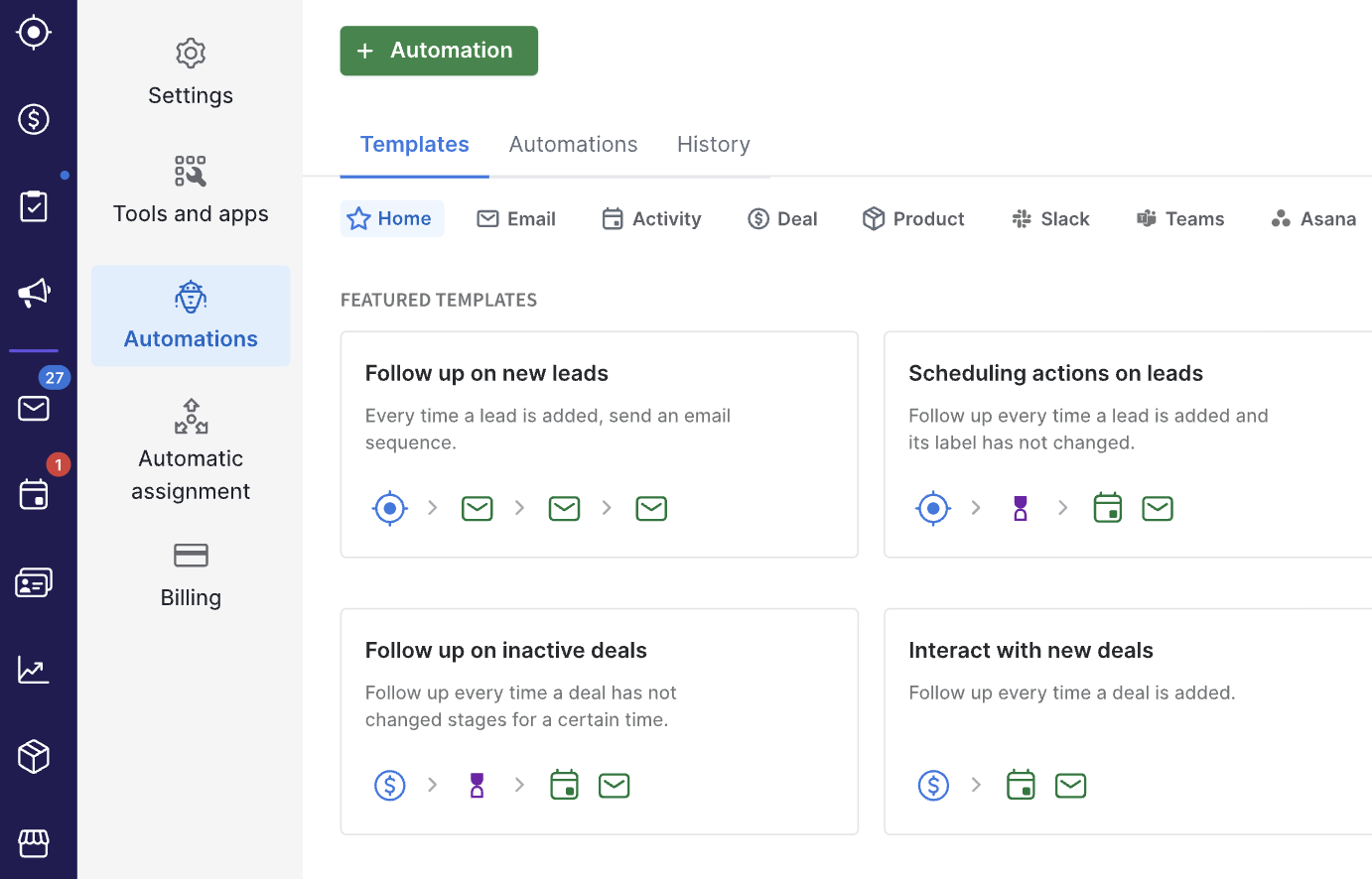 Pipedrive’s automation dashboard with templates for deal management.
