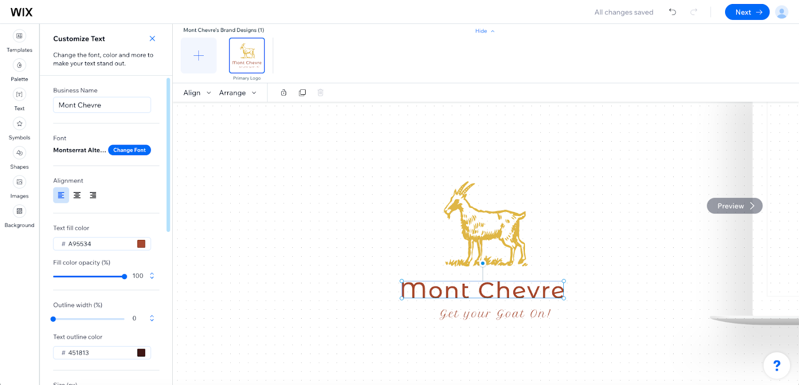 Wix's logo editor allows the user to edit this fictional "Mont Chevre" logo with color choices and fonts.