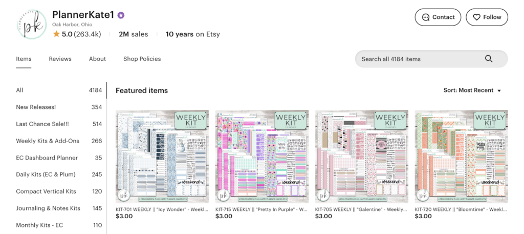 Etsy store Planner Kate storefront