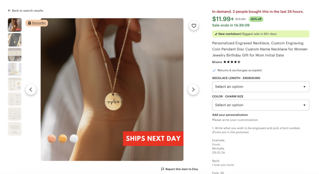 Etsy personalized engraved necklace product listing