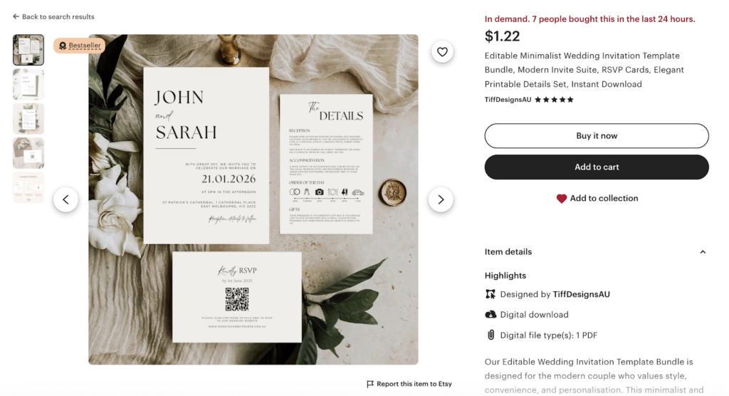 Etsy custom wedding printable invite