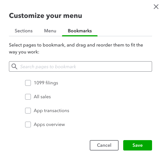 Screen where you can add frequently accessed pages in QuickBooks Online