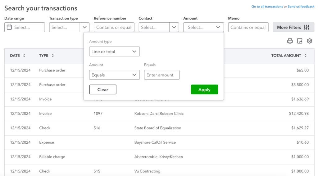 Screen where you can perform advanced transaction search in QuickBooks Online