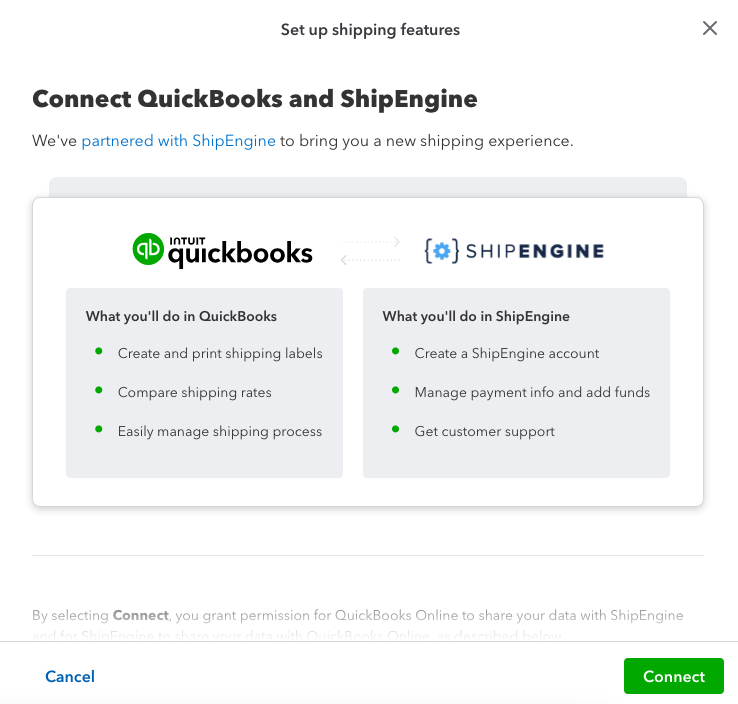 Screen where you can set up QuickBooks Online and ShipEngine integration