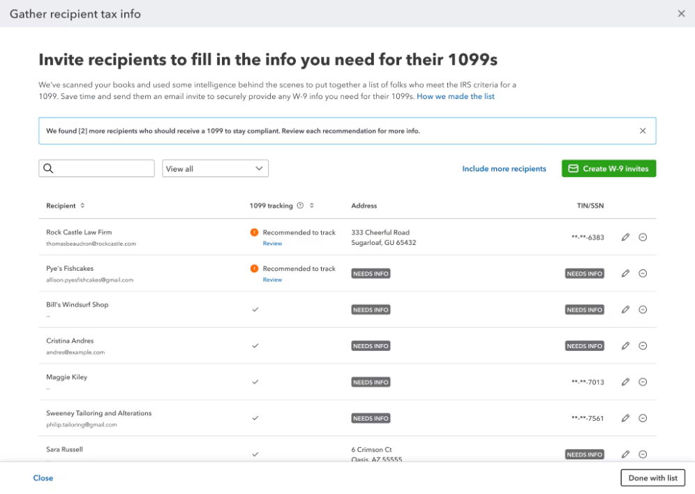 Screen where you can set up and manage W-9 invites in QuickBooks Online