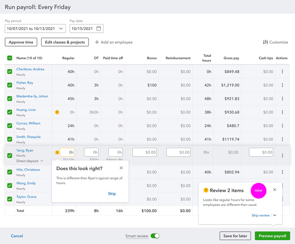 AI-powered payroll anomaly detection feature automatically reviewing items in QuickBooks Online