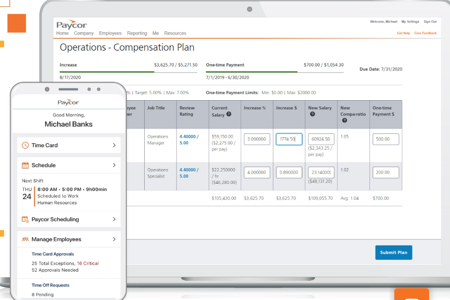 compensation plan dashboard showing levels of rate increases; available on mobile