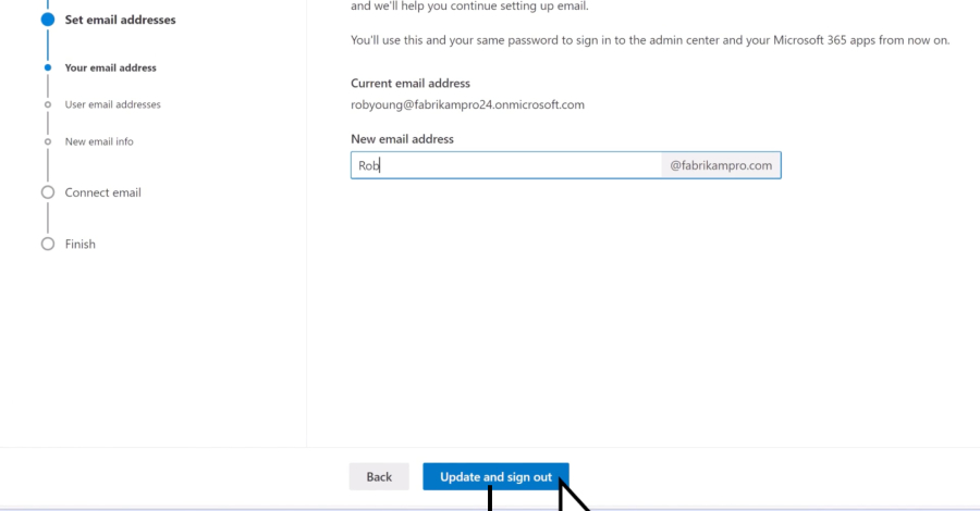 Microsoft 365's prompt to update your email address with your new domain.