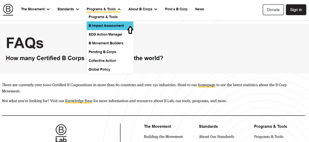 Navigating to the B Impact Assessment on B Lab's website