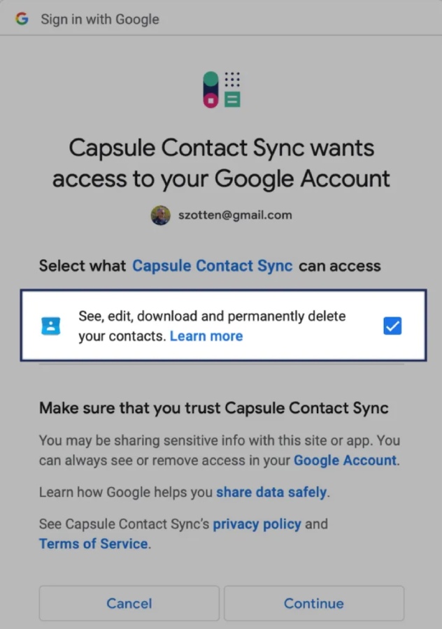 Capsule CRM’s built-in Google Contacts integration for automatic contact syncing between the two apps.