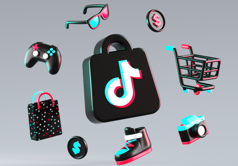 : TikTok Shop icon with some shopping stuff floating in 3D rende.