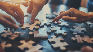 A group of people solving puzzle. Planning concept.