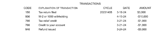 Example of IRS Transcript with Tax Code 806