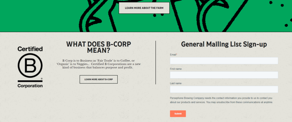 Persephone Brewing Company website including a certified B Corp logo