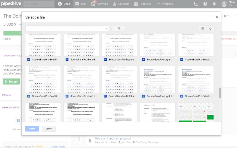 Pipedrive’s Google Drive integration that allows users to create and edit files from inside the CRM.