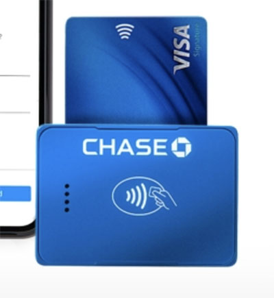 Chase mobile card reader with sample credit card.