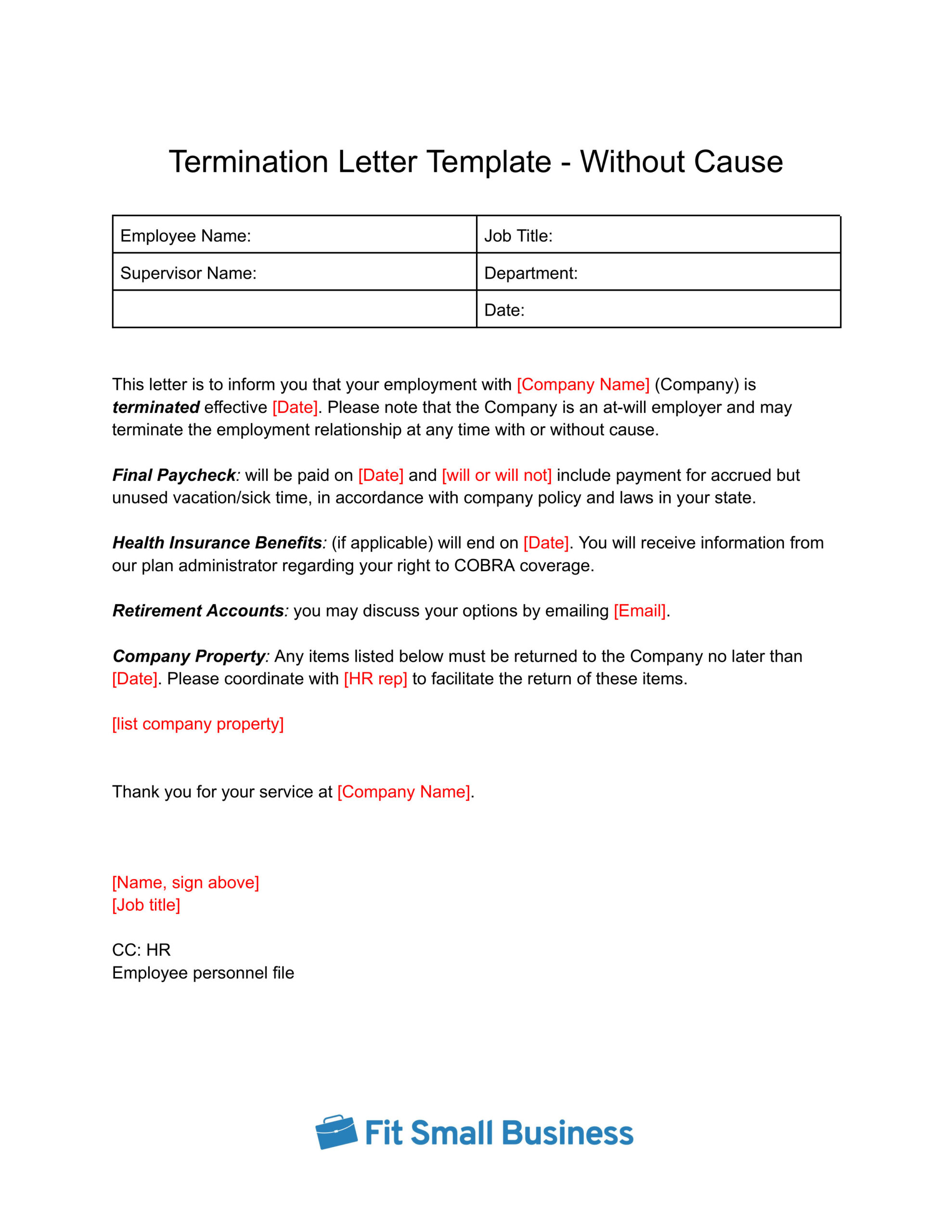 Screenshot of Termination Letter Template - Without Cause