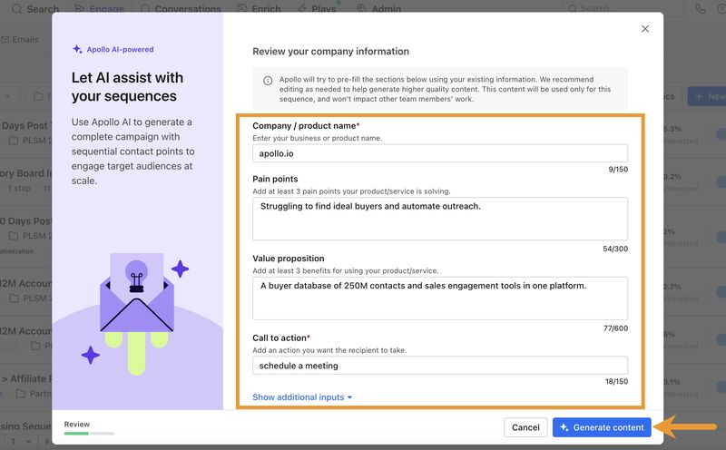 Apollo.io creating AI-assisted sequences.