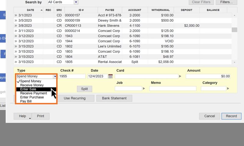 Bank register in AccountEdge showing where you can select the transaction type you wish to enter.