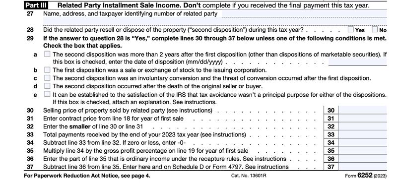 Form 6252, Part III - Related Party Installment Sale Income