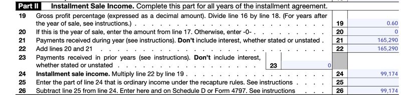 Sample Data Input for Form 6252, Part II - Year 1 (2023).