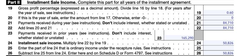 Sample Data Input for Form 6252, Part II - Year 2 (2024).