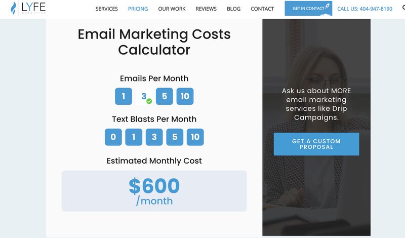 LYFE Marketing's email marketing costs calculator.