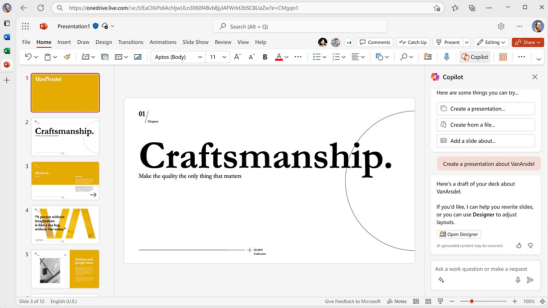 Screenshot of Microsoft Copilot PowerPoint presentation generator creating entire draft presentation from a Microsoft word document.