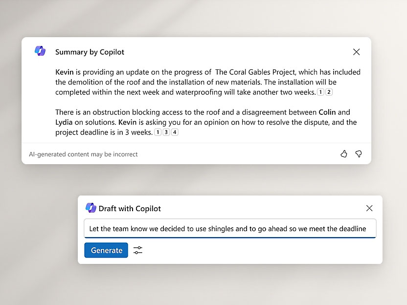 Screenshot of Microsoft copilot email summary and response auto generating dialogue box.