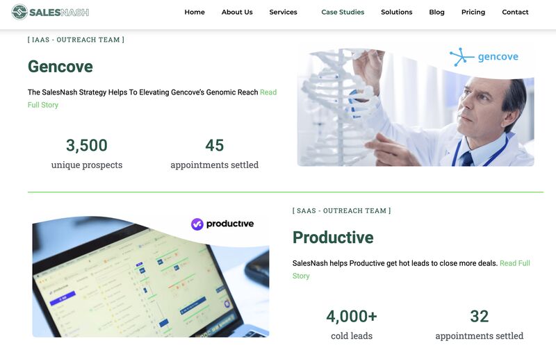 SalesNash's case studies showing leads generated.