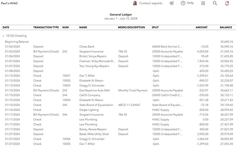 General ledger report for the checking account of Paul's Plumbing, a fictitious company.