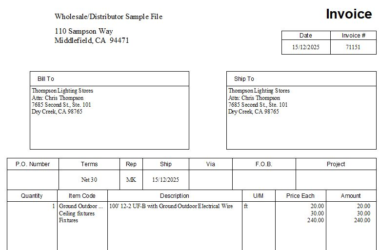 Sample QuickBooks Desktop invoice showing data, like the company information, billing details, and product description.