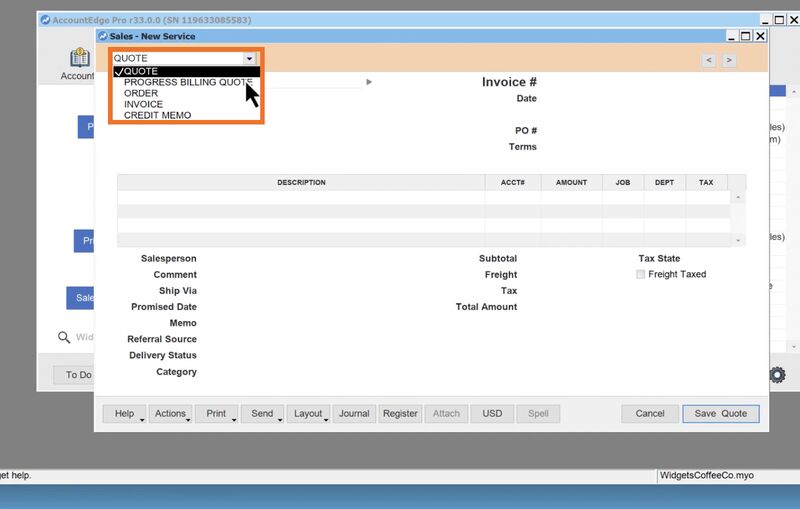 Screen showing where you can select the sales transaction type you wish to enter in AccountEdge.