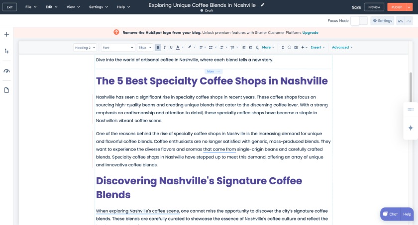 A sample blog inside HubSpot Content Hub's blog publishing tool.