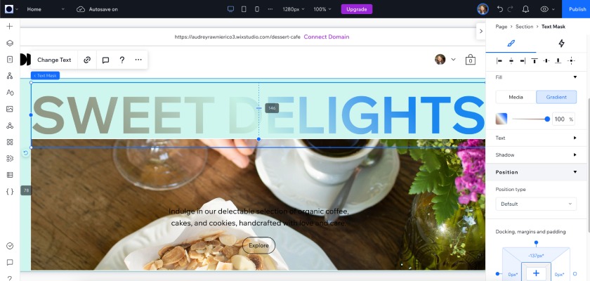 A website being designed inside Wix's drag-and-drop editor.