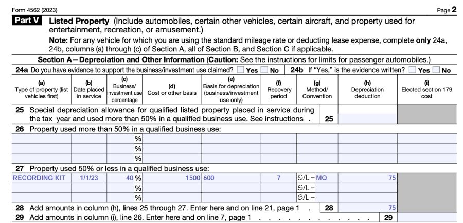 Form 4562, Part V filled with sample data given our scenario of less than 50% business use.