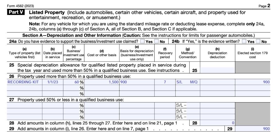 Form 4562, Part V filled with sample data given our scenario of 50% or more business use.