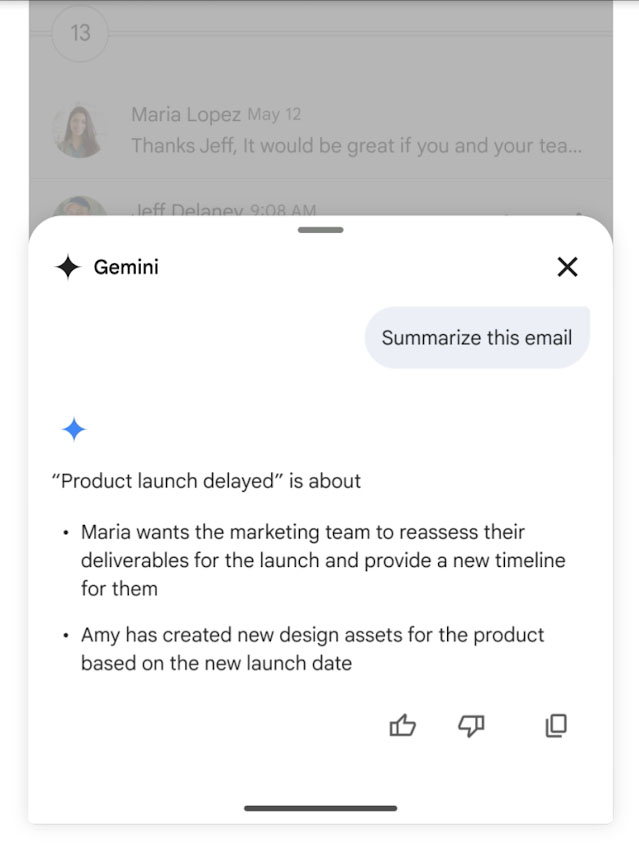 Screenshot of Google Gemini summarizing a long email thread.