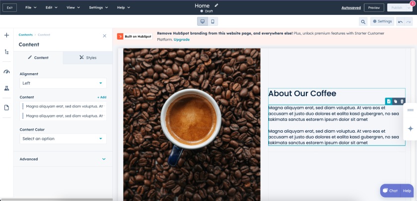 HubSpot Content Hub's website builder with a sample website.