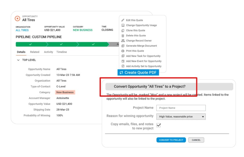 Insightly CRM's pipeline page showing area to convert an opportunity to a project.