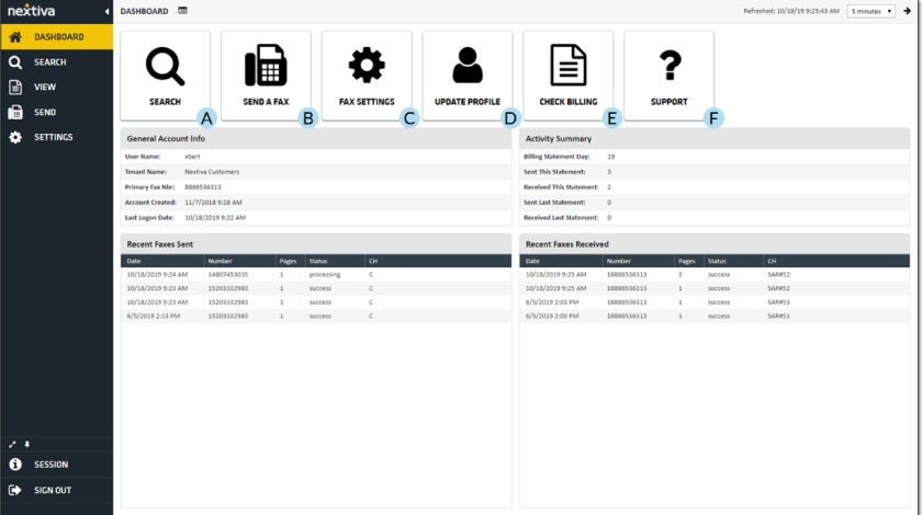 Manage faxes and profile settings from the Nextiva vFAX portal.