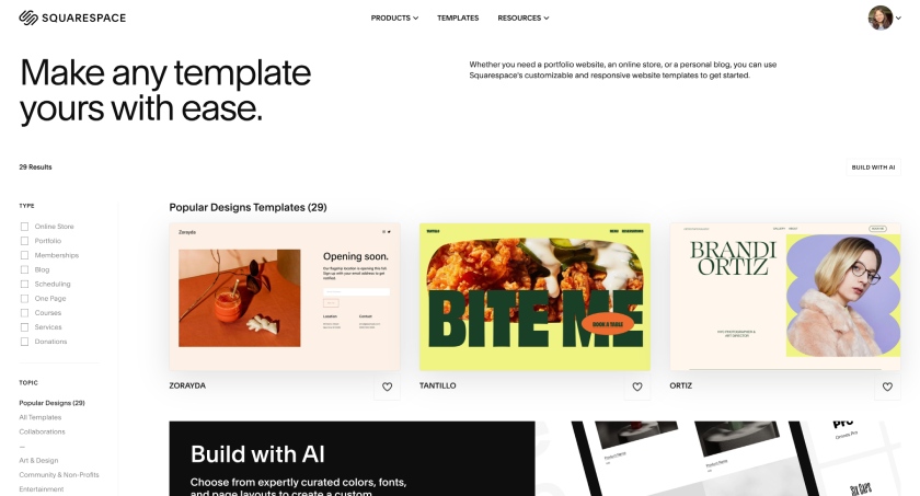 Squarespace's various website templates.