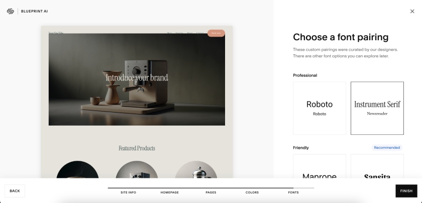 Squarespace's website setup screen with the prompt to choose a font pairing.