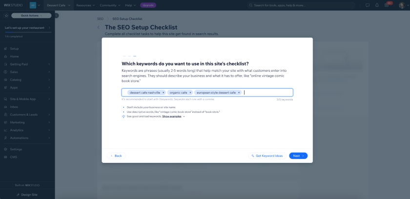 Wix's SEO checklist with sample keywords for a cafe website.