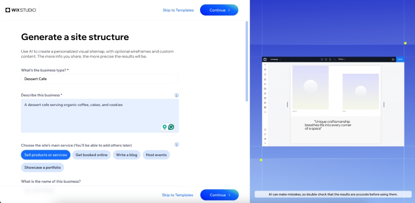 Wix's setup screen with the prompt to describe the website you need.