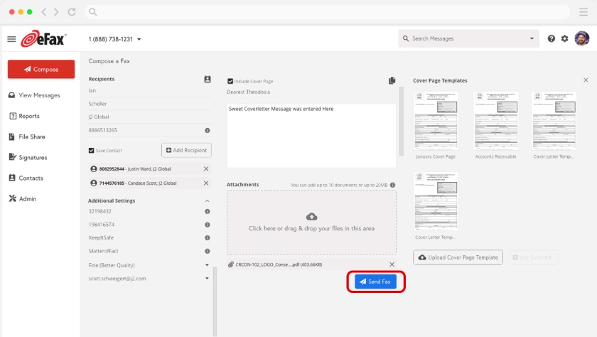 eFax offers an intuitive interface for sending faxes online.