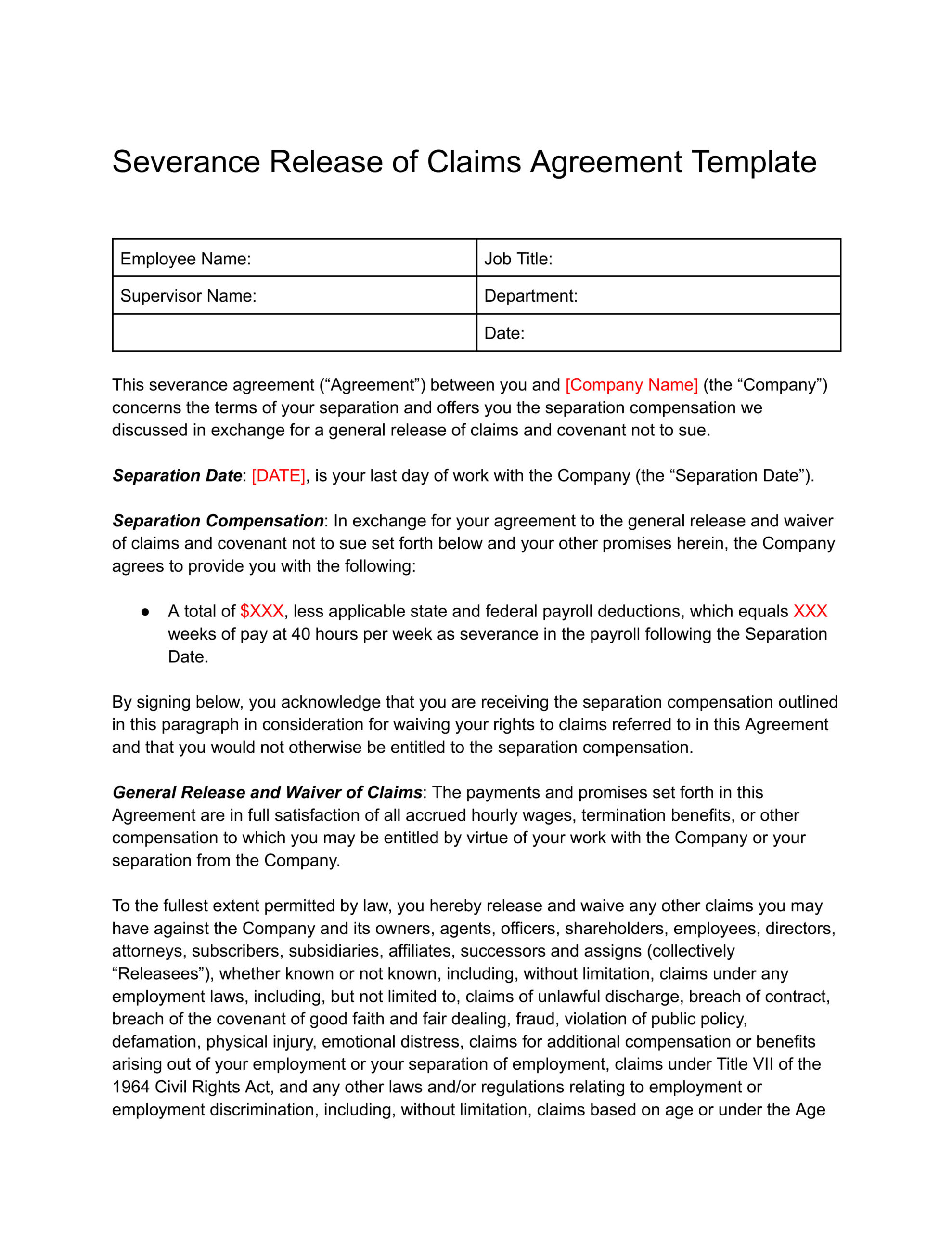 Screenshot of Severance Release Agreement Template