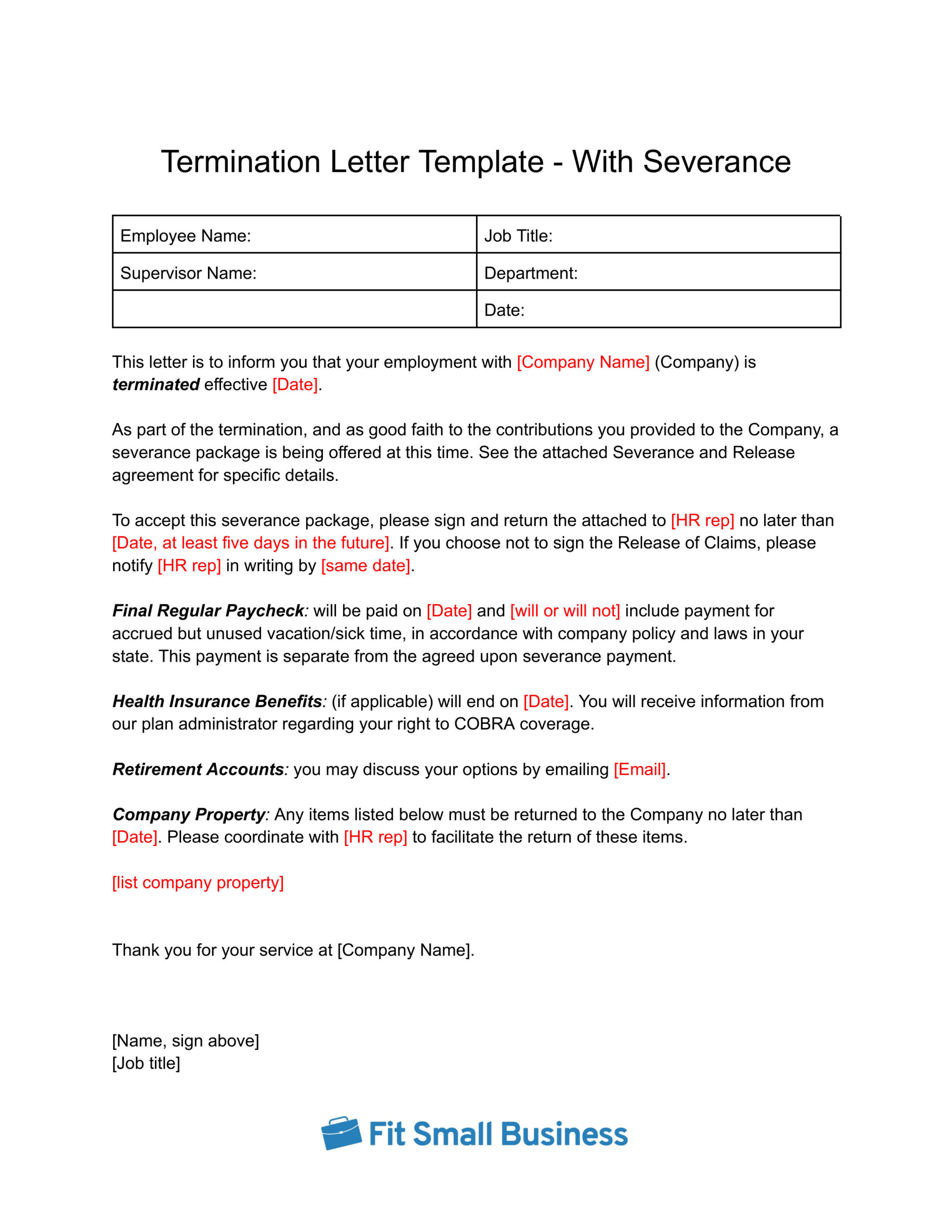 Screenshot of Termination Letter Template with Severance