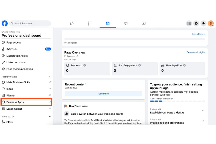 Navigating to Business Apps from the Professional dashboard.